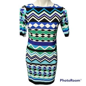 Eliza J Blue Black Green Chevron & Diamond Print Dress - Size 0P 0 Petite